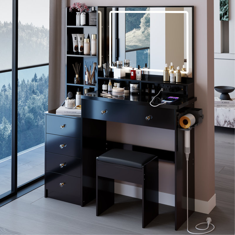 Ensemble de coiffeuse de chevet + commode avec tabouret coussiné, 2 blocs d'alimentation AC + 2 USB, support pour séchoir à cheveux, miroir à DEL tactile très grand, interrupteur 3 couleurs, certificat EPA, GCC, UL