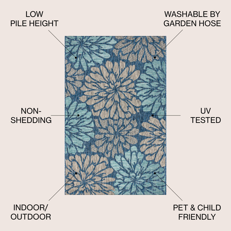 Hagy Modern Floral Textured Weave Navy/Aqua Indoor/Outdoor Rug, Rectangle 5'3" x 7'7"