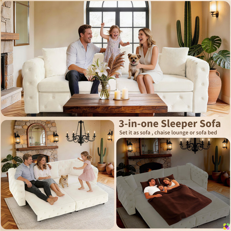 Praylow 89"W 4 Seaters Convertible Velvet Sleeper Sofa Bed, 3-in-one Sofa, Beige