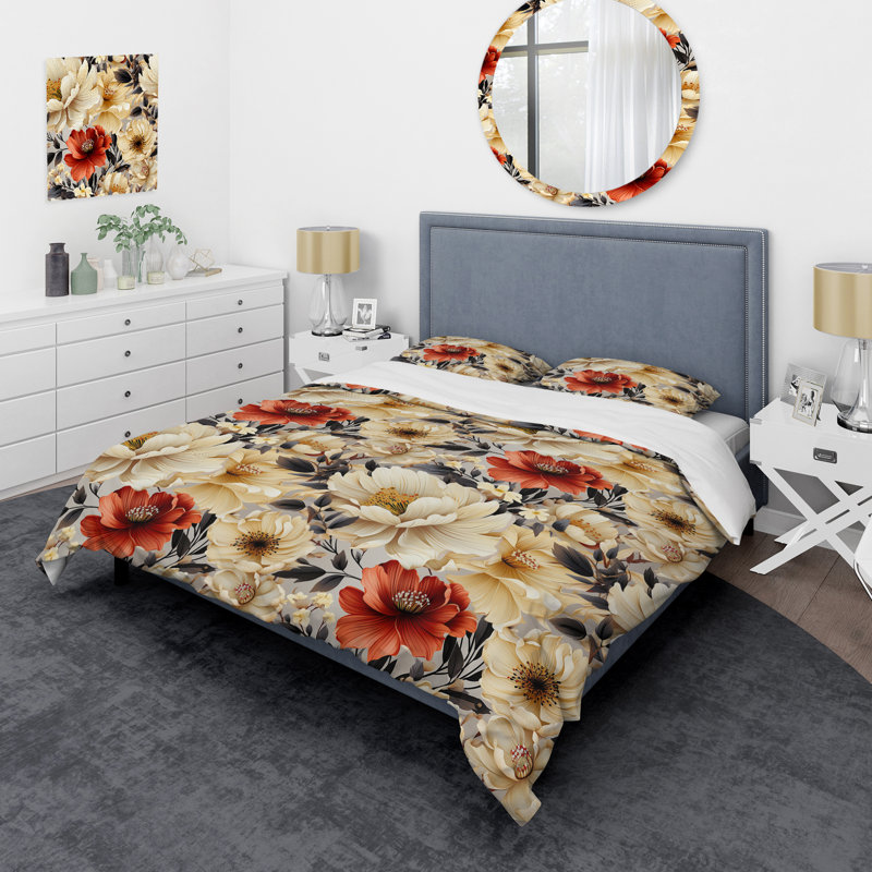 Mosaic Beige and Orange Botanicals - Ensemble de housse de couette floral - Polyester microfibre