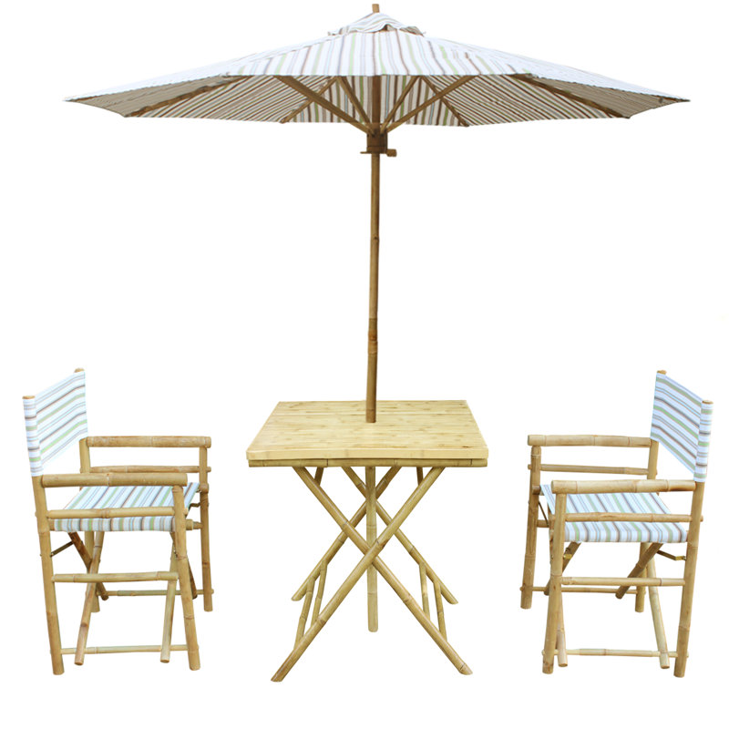 Ensemble bistro 3 pièces avec parasol Sinta, Blanc / bleu