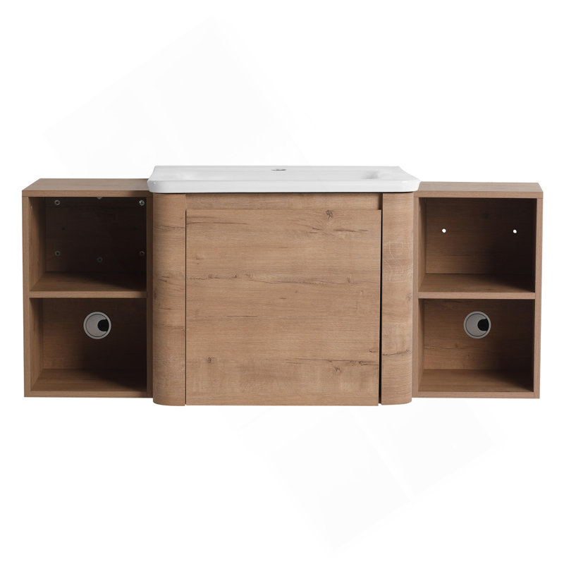 Meuble-lavabo mural 48 po avec lavabo en céramique blanche et tablettes de rangement et 1 porte à fermeture en douceur, emballage KD, contreplaqué