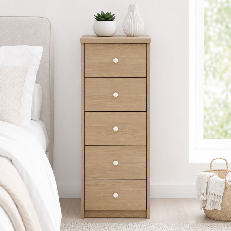 Ingrassia 5-Drawer Narrow Chest of Drawers, Tall Bedroom Furniture Storage, Brown