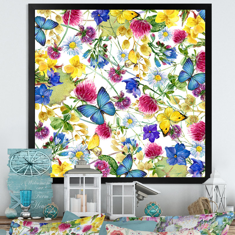 Herbes et fleurs avec papillon, Black Picture Framed Canvas, H 30 po x l 30 po x P 1 po