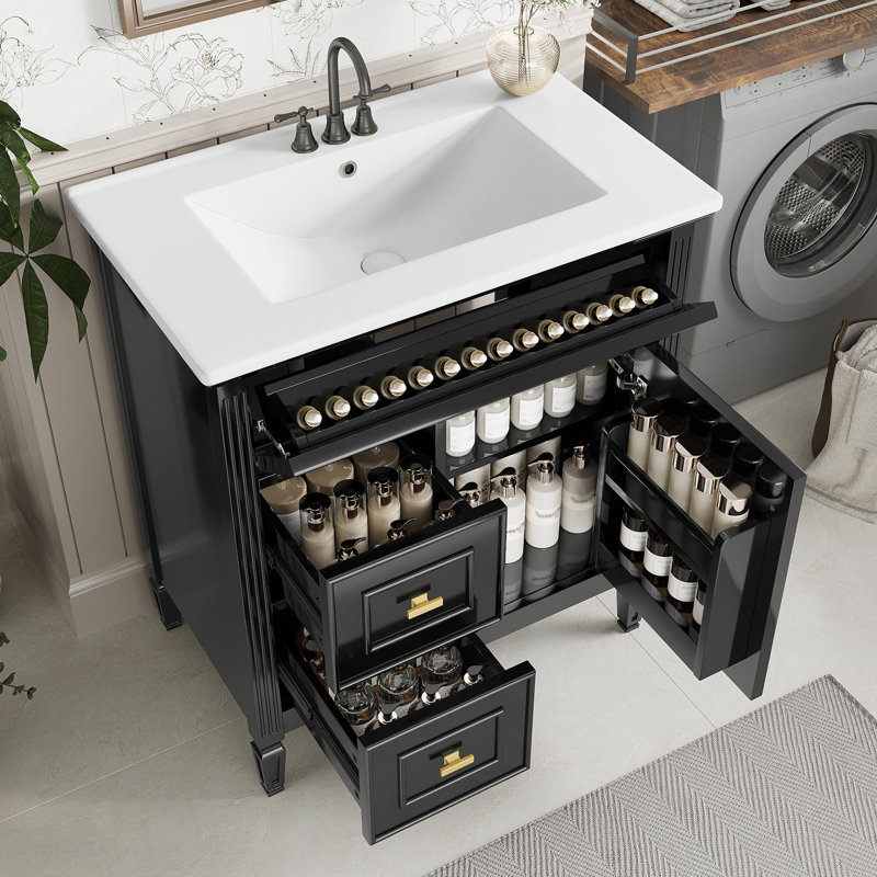 Meuble-lavabo autoportant de 30 po avec lavabo en céramique, Noir