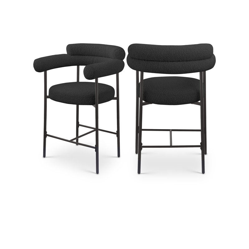 Macdermot Upholstered Counter Stool with Metal Frame, Black, Matte Black, Boucle Fabric