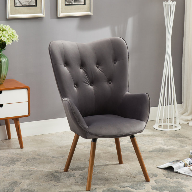 Chic Grey Velvet Button Back Armchair With Wood Composition Wonderful Chair Solid Legs, Grey