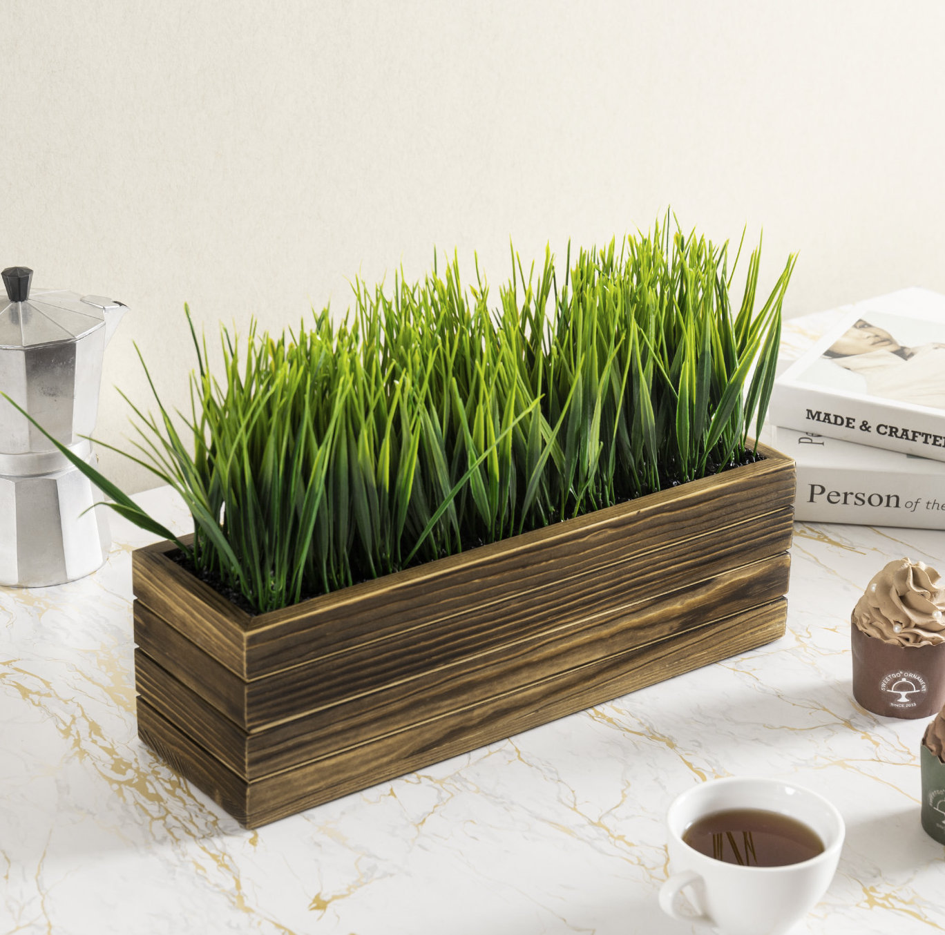 Primrue 9.8'' Faux Onion Grass Grass in Wood Planter | Wayfair