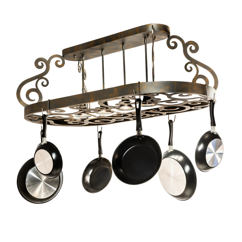 48" Bronze Metal Oval Hanging Pot Rack with Chocolate Glass