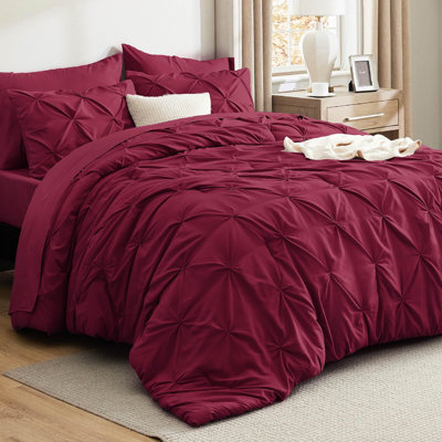 Bedsure King Burgundy Pintuck Bed-in-a-Bag - Dark Red Pinch Pleat Comforter Set with Sheets, Pillowcases & Shams (Set of 7)