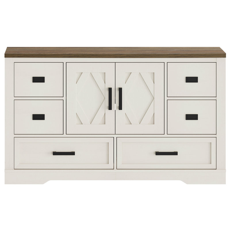 Laziza 53.9" W 6-Drawer Dresser with 2 Doors, Rustic White/Brown