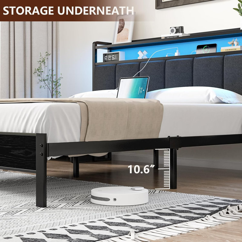 Bed Frame with Storage Headboard, Upholstered Platform Bed with Charging Station and LED Lights, Heavy Duty Metal Slats, Full