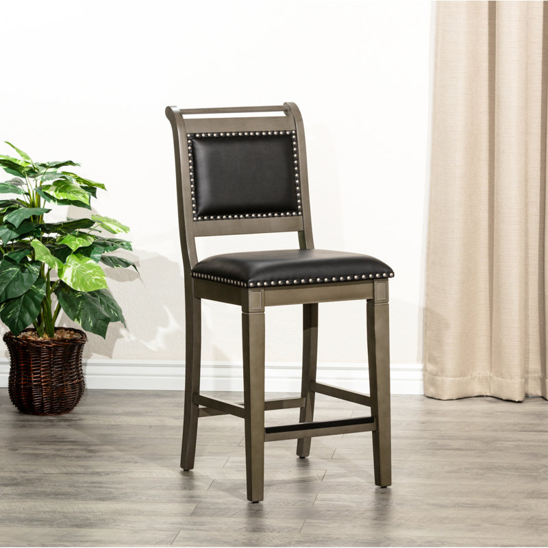 Tabouret de comptoir de 24 po de style rustique, gris délavé, siège en cuir noir, dossier confortable, tissu, coussin de siège stable, base