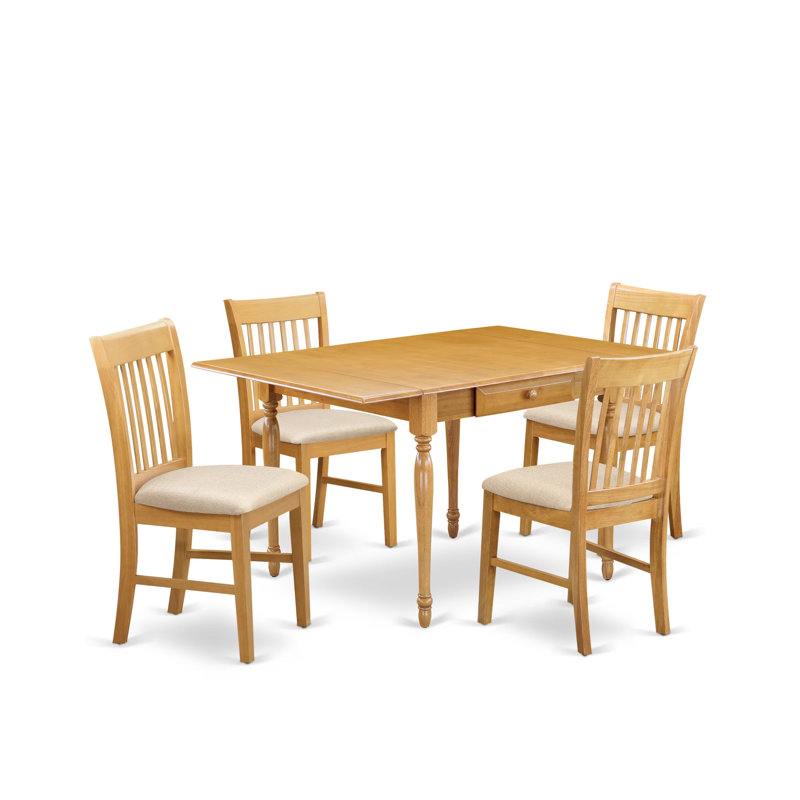 5 Piece Kitchen Table Set for 4 Includes a Rectangle Dining Room Table with Dropleaf and 4 Linen Fabric Upholstered Chairs, Oak