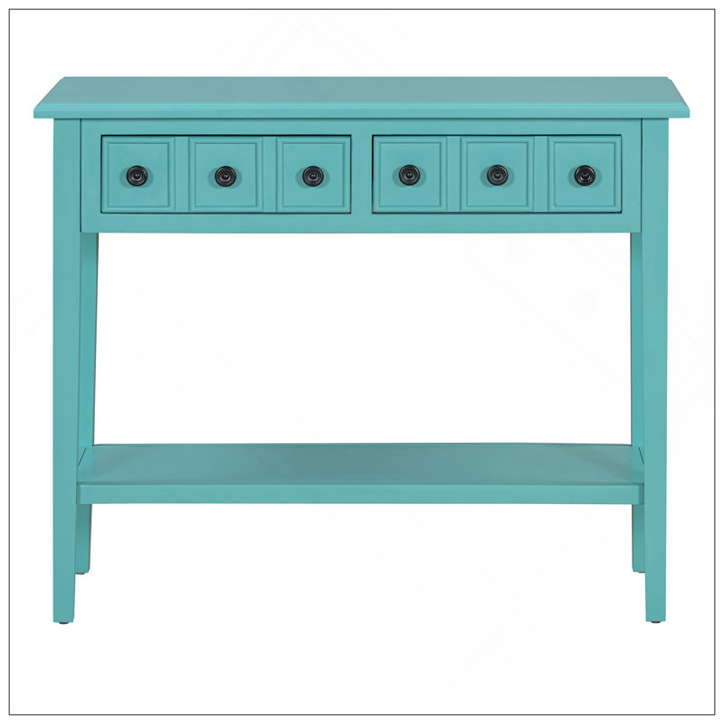 Table d'entrée avec 2 tiroirs, console rustique avec tablette ouverte et pieds en bois d'hévéa TREXM pour les entrées, les salons et les couloirs (bleu sarcelle)