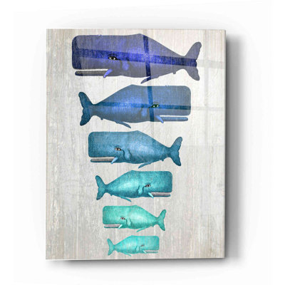 «Whale Family Blue On White» par Fab Funky, art mural en verre acrylique