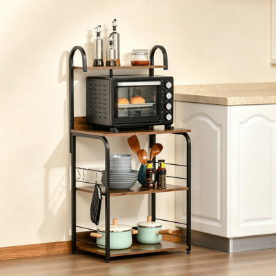 4-Tier Rustic Brown Baker's Rack with Storage, Freestanding Microwave Stand with 4 Hooks, Space-Saving Kitchen Storage Unit for Spices, Pots and Pans
