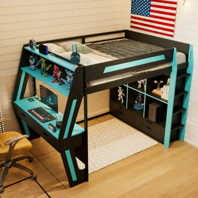 Lit mezzanine double avec bureau intégré, lumières DEL RVB intelligentes et ports USB, lit haut en bois avec 6 casiers de rangement, 6 tiroirs et escalier sécuritaire, lit de jeu pour adolescents et adultes