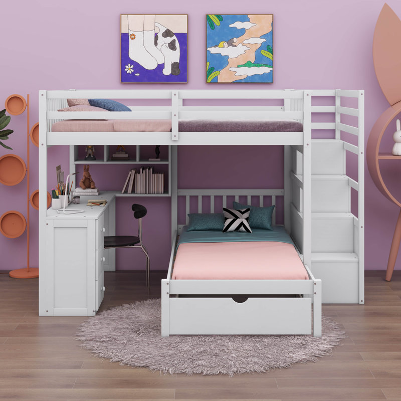 Jasniak Bunk Bed with Desk, Drawers and Shelves, White