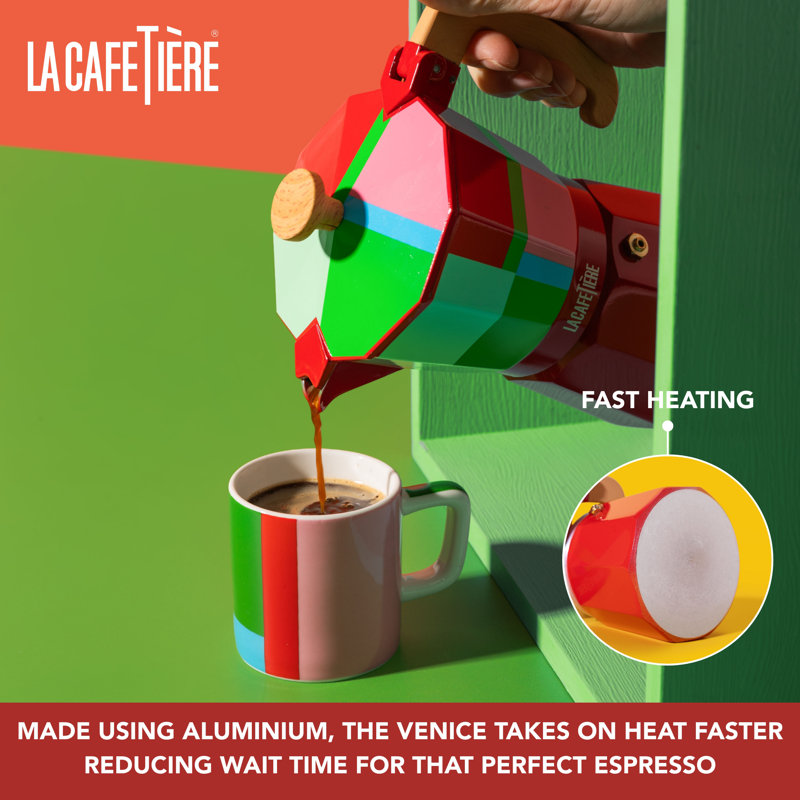 La Cafetière Venice 6 Cup Espresso Maker, Utopian Lines 290ml Aluminium Brewer with High Temperature Silicone Gasket and Wooden Handle