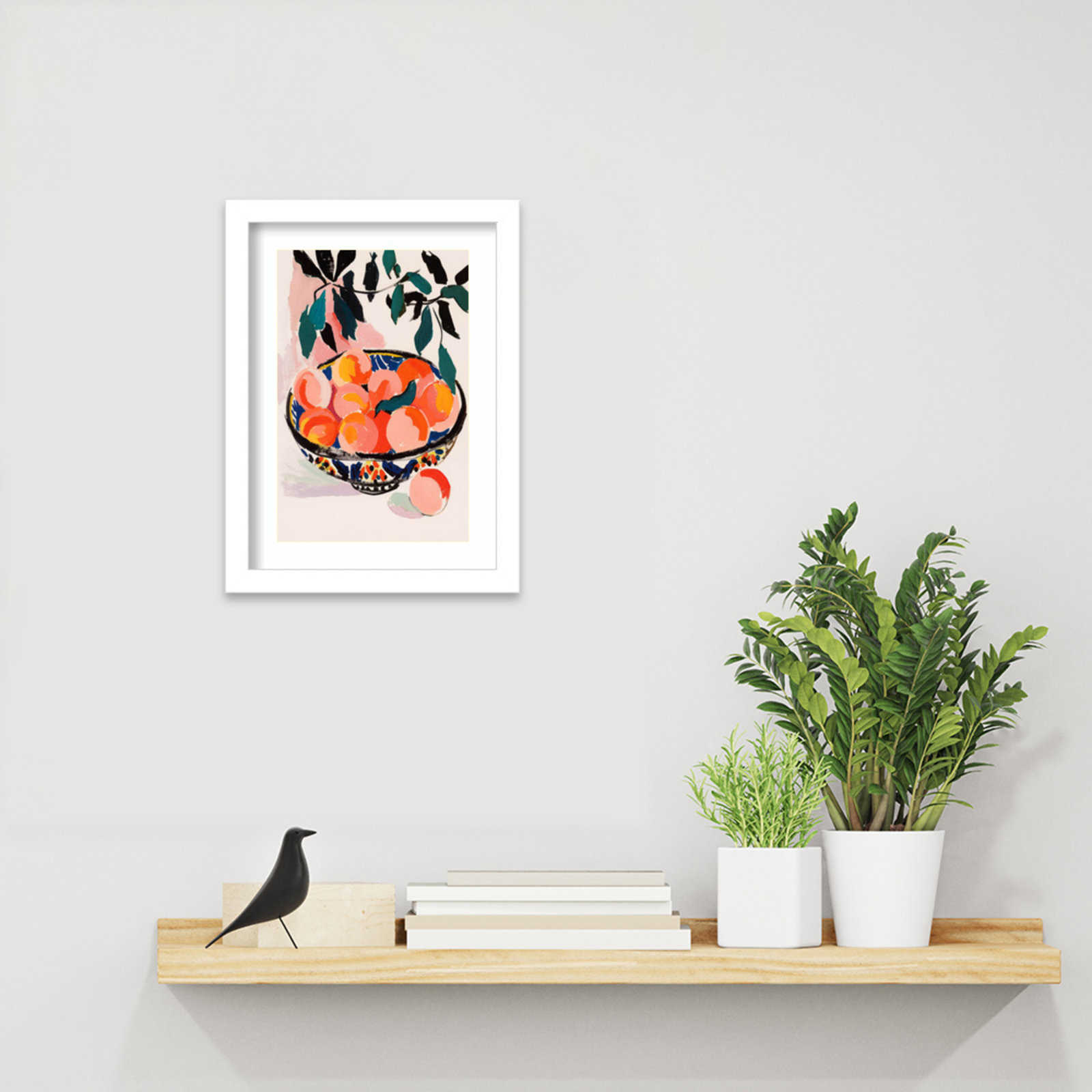 Ottilie "Fresh Peach Fruit Bowl" Print, White Framed, 13" H x 10" W