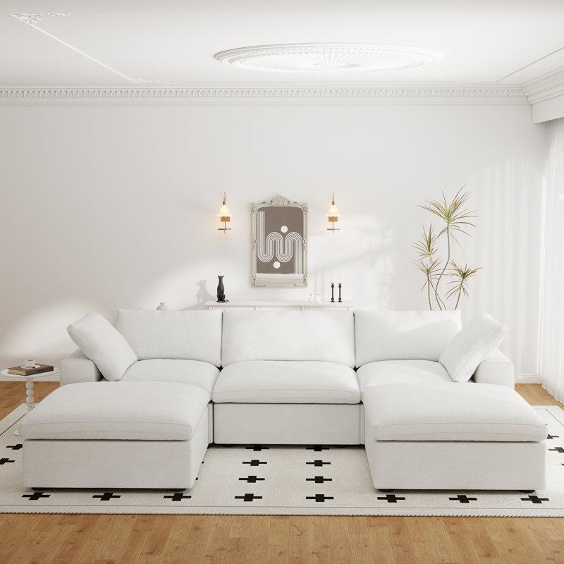 Kenda 5-Piece Upholstered Modern Linen Slipcovered Sectional With Storage Ottoman, White Linen