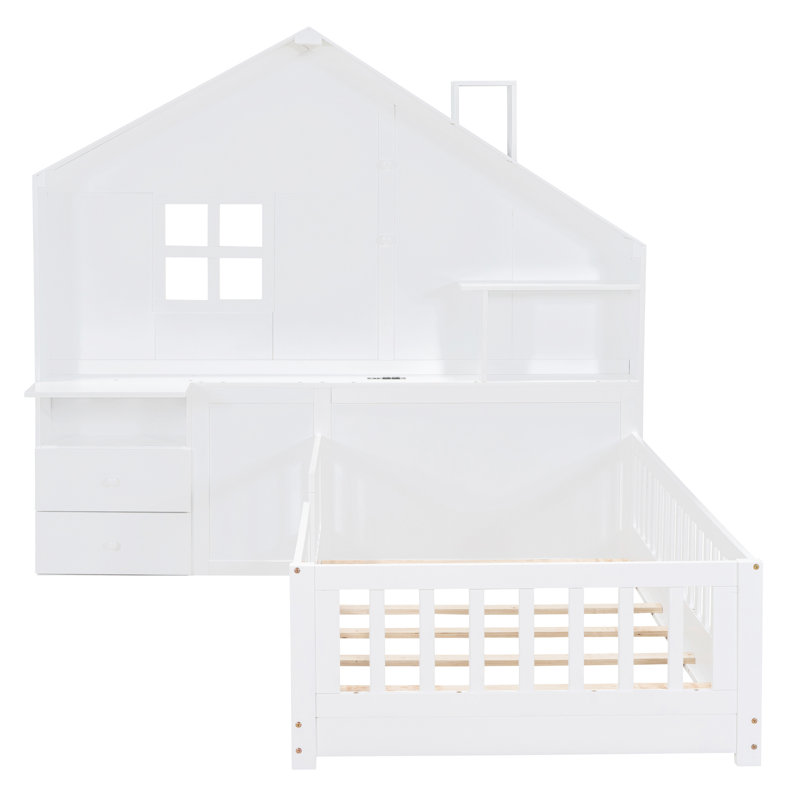 House Bed with Window and Bedside Drawers, Platform Bed with Shelves and a set of Sockets and USB Port, Full, White
