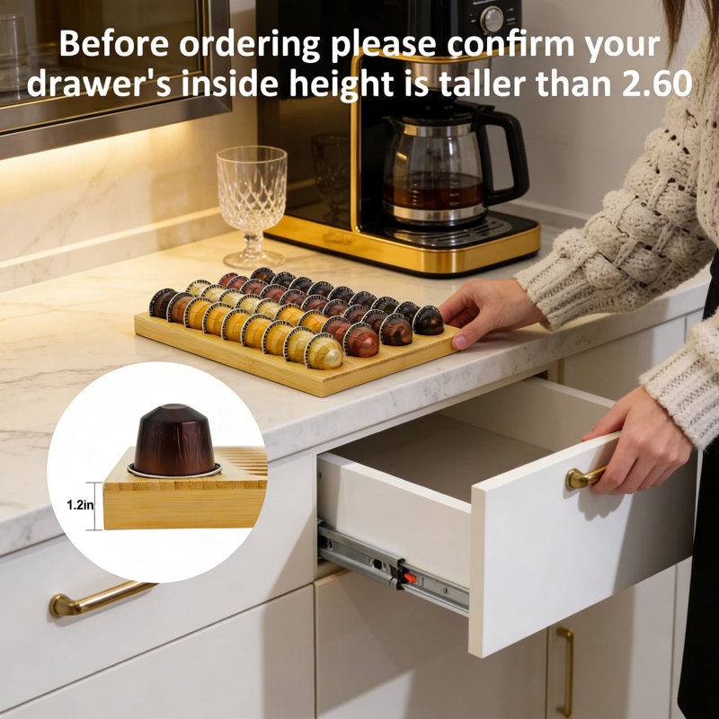 Plateau de rangement pour tiroir à capsules de café en bambou Minboo - Peut contenir 40 dosettes, compatible avec les dosettes Nespresso Vertuoline et standard, convient aux tiroirs de cuisine et de bureau