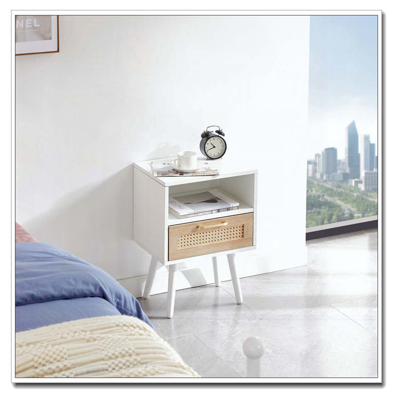 Table de bout en rotin avec tiroir, Blanc