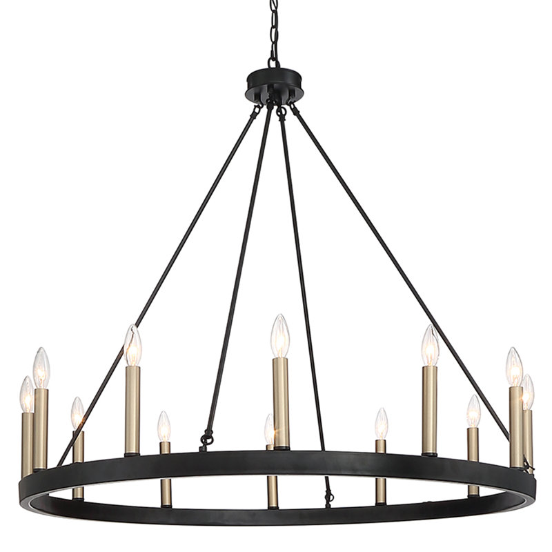 12-Light Wagon Wheel Candle Style Chandelier, Classic black/brass -colored dust