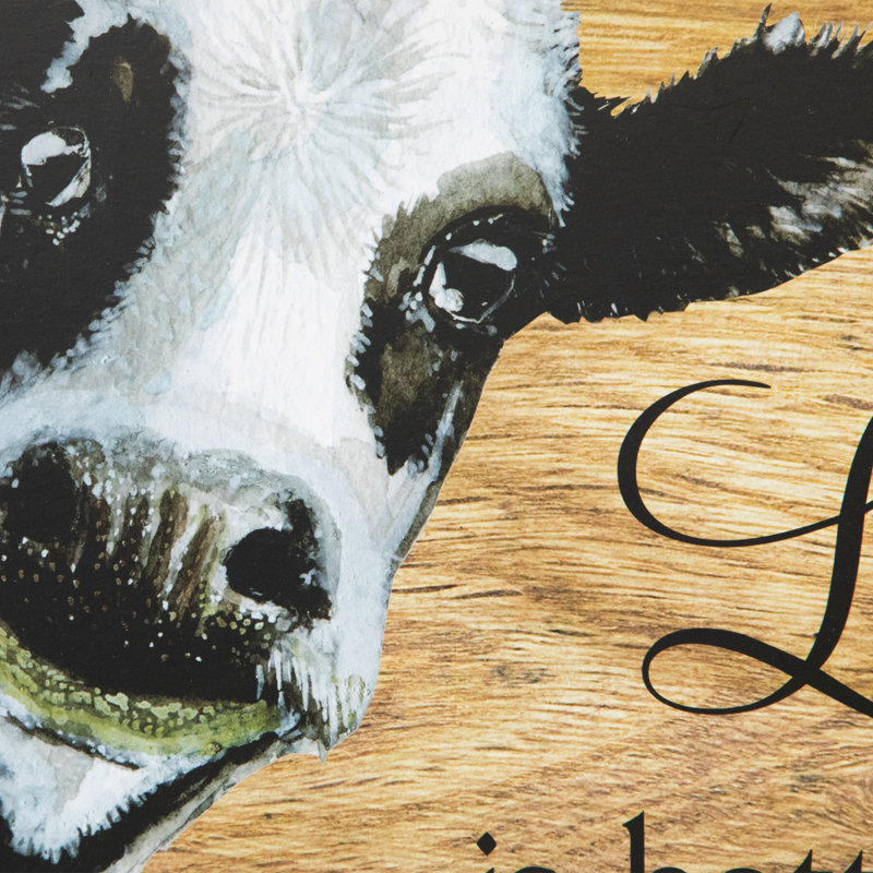 Rustic Light Brown Wood Country Wall Sign with Cow Illustration