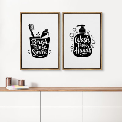 Bathroom Hygiene Brush Rinse Smile Wash Those Hands Quote Typography Wall Art Decor Framed On Canvas 2 Pieces Print
