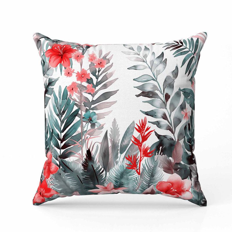 Rainforest Dream Faux Suede Pillow, Green/Red/Grey, Square 16"