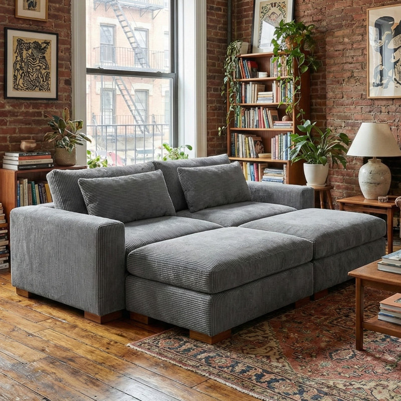 Canapé modulaire 4 pièces Erlendur, Velours côtelé gris