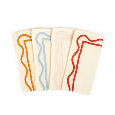 Colorblock Embroidered Linen Napkins in Amber/Blue/Pink/Rust