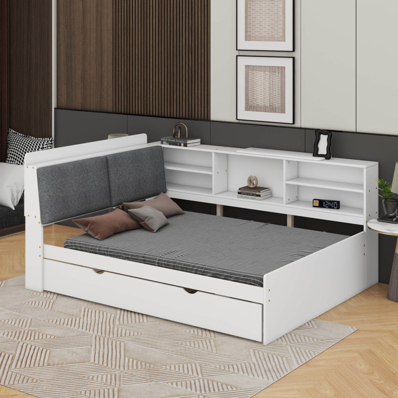 Lit plateforme avec tablettes, lit gigogne et tête de lit, Blanc, Lit double