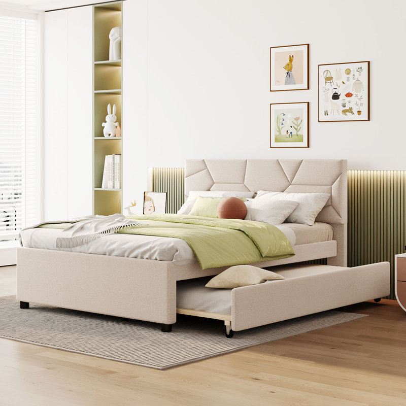 Lit plateforme tapissier avec lit gigogne, Plein, Beige