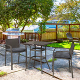 Outsunny 3 PCS Rattan Wicker Bar Set with Wood Grain Top Table and 2 Bar Stools