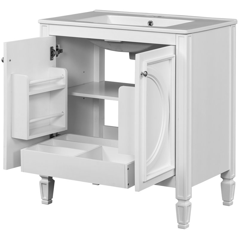 Ensemble de meuble-lavabo 60 po avec lavabo double, lavabo en céramique, portes à fermeture en douceur avec tablette, tiroir de rangement