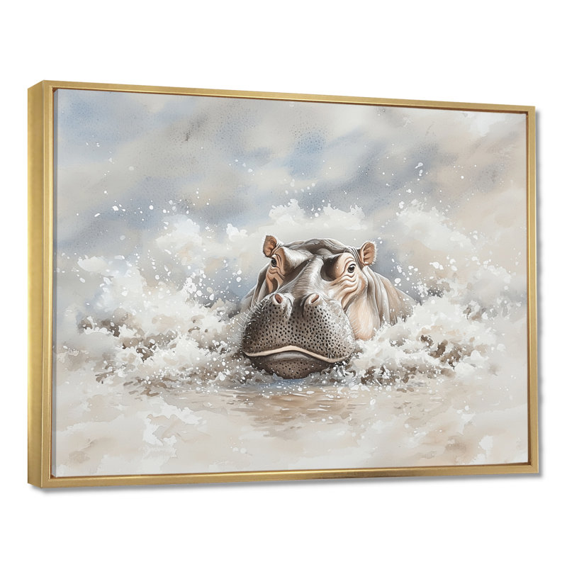 Hippopotame dans la boue - art mural hippopotame, H 12 po x l 20 po, Impression dans un cadre flottant sans passe-parto, Gold
