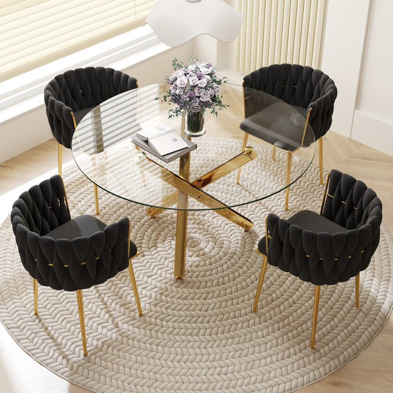 Ensemble de salle à manger Ayron, table de salle à manger avec pieds croisés et chaise de salle à manger en velours, Noir