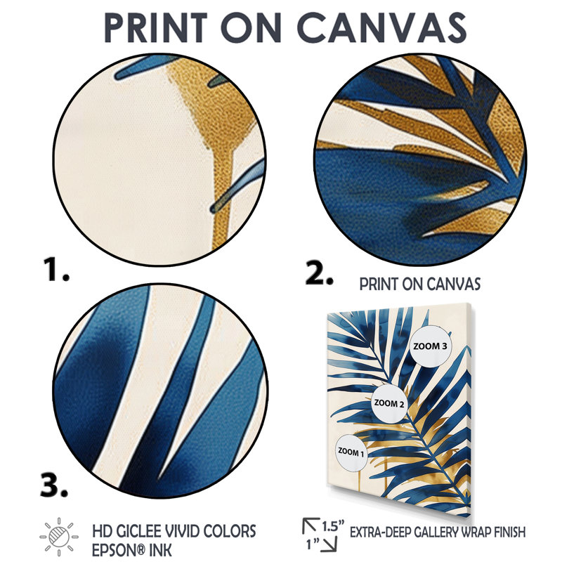 «Blue and Gold Palm Tree Leaves I» - impression d'art mural palmiers et palmiers, H 32 po x l 24 po