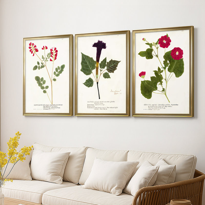 Nature imprimé Botanicals III - Toile tendue avec châssis sur mesure - 3 pièces, H 19 po x l 45 po, Doré
