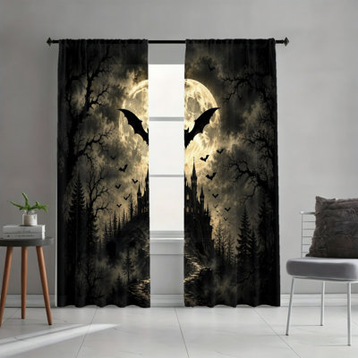 Rideaux filtrant la lumière de la forêt Bat-Moon 2PCS, scène d'Halloween gothique, décor sombre des Fêtes, passe-tringle, rideaux toutes saisons pour le salon, la chambre à coucher, le dortoir