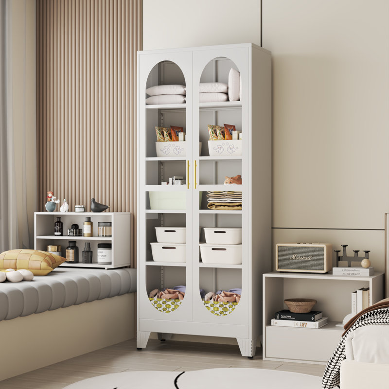 Grande armoire de rangement moderne avec portes en verre et 4 tablettes réglables pour la cuisine et la salle à manger, Blanc