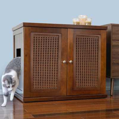 The Refined Litter Box - Wood Cat Litter Box Enclosure Cabinet with Drawer, Cane Weave Style, Tulip Feet, Mahogany, X-Large
