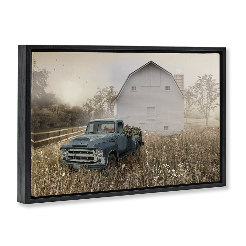 Camionnette rétro dans un cadre flottant fleurs sauvages, design par Nan, H 17 po x l 25 po, Cadre flottant noir de jais