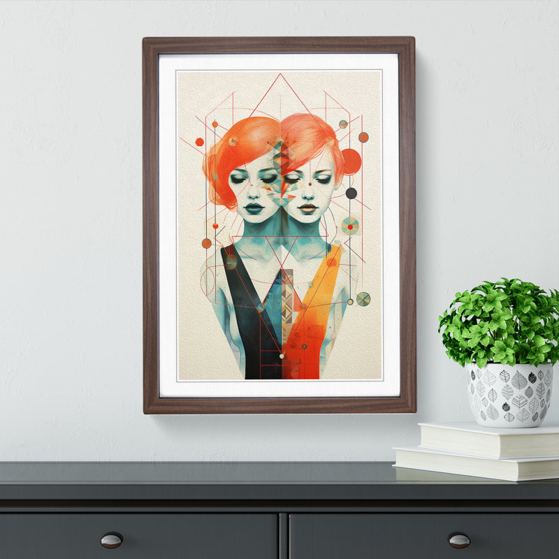Gemini Zodiac Geometric No.2 - Single Picture Frame Print on Wood, Walnut, 64cm H x 46cm W x 2cm D