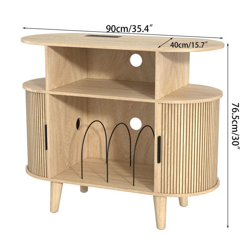 Support rond pour tourne-disque avec station de charge, table tournante avec rangement ouvert, support audio, Bois