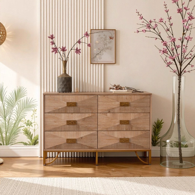 Modern 6-Drawer Solid Wood Dresser with Fluted Fronts - Light Wood TV Stand & Storage Cabinet for Bedroom, Living Room, Hallway | Natural Wood Finish
